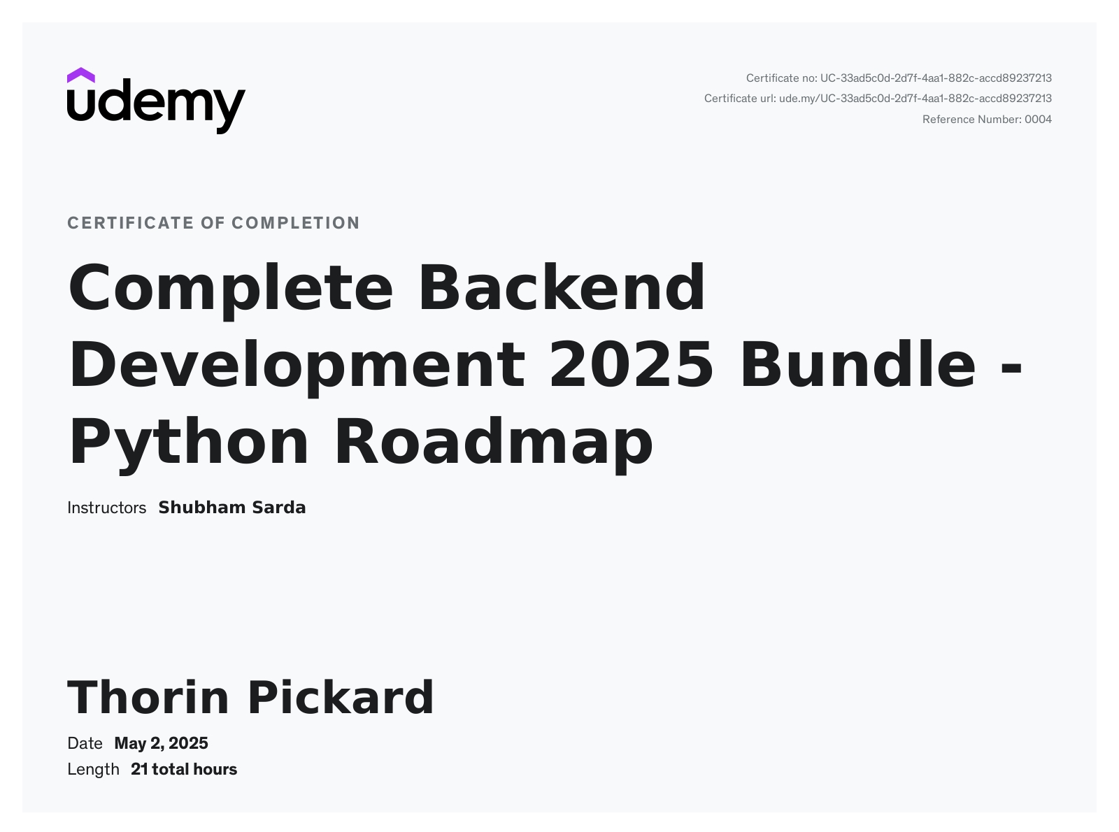 Acquired my certificate for Backend Python and Django 🎉